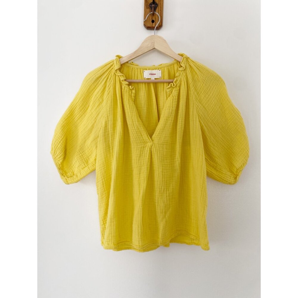 Xirena Jules V Neck Gauze Top Blouse Puff Sleeve Yellow